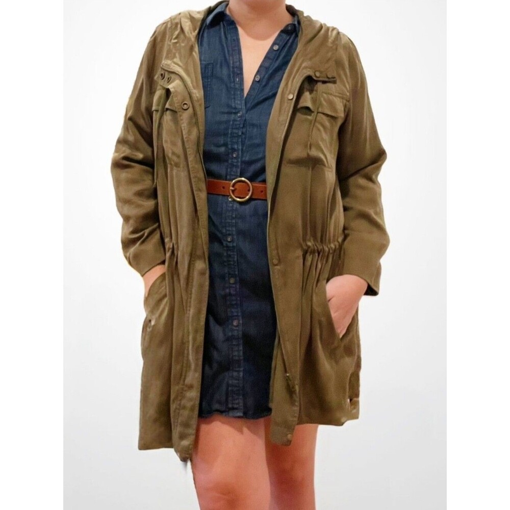 Eileen Fisher Green Polished Tencel Hooded Anorak Utility Jacket Med Full Zip